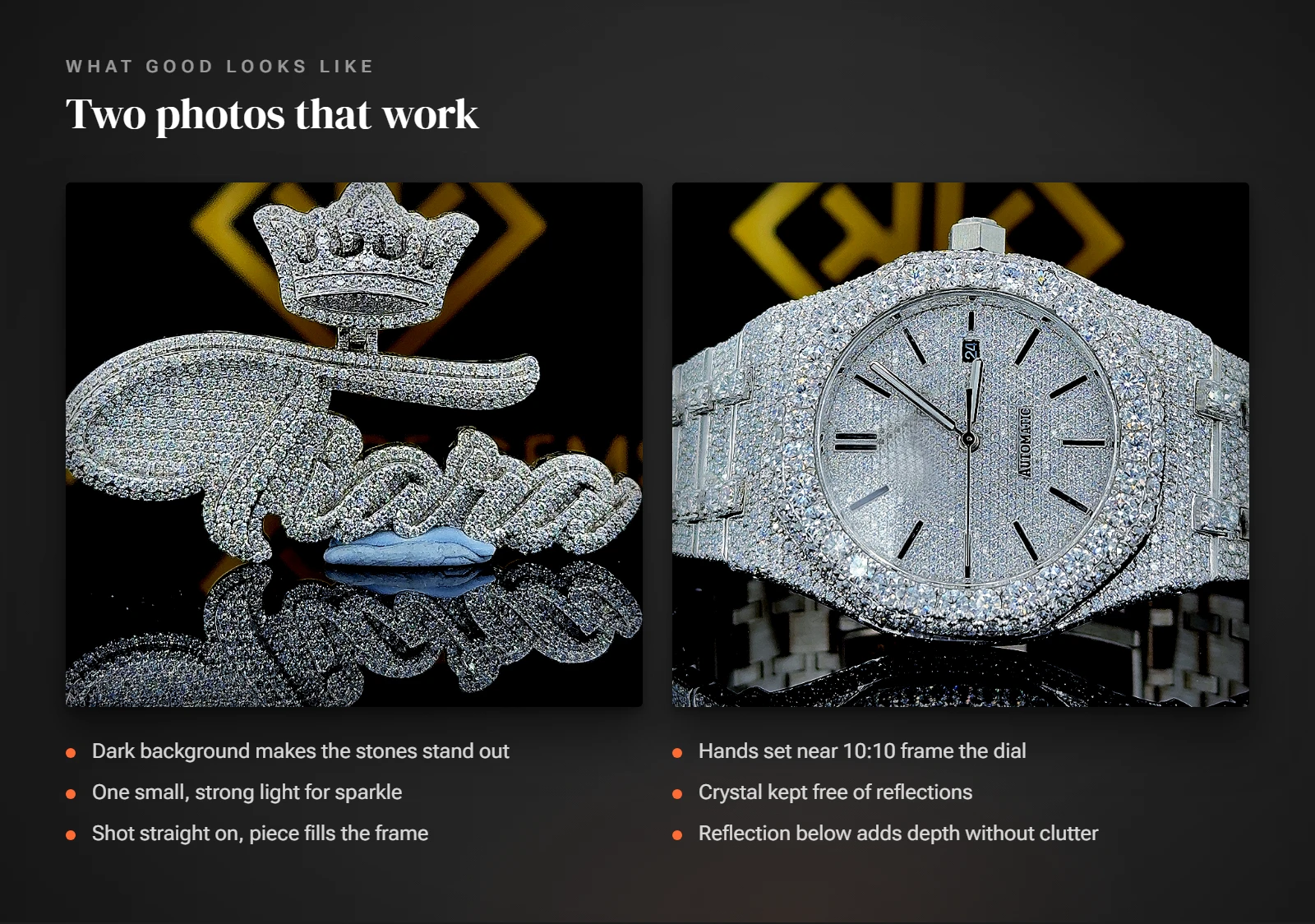 A real KSquare Gems moissanite pendant and iced watch photographed as good examples, with notes on the dark background, sparkle from one small light, framing, watch hands near 10:10 and a crystal free of reflections