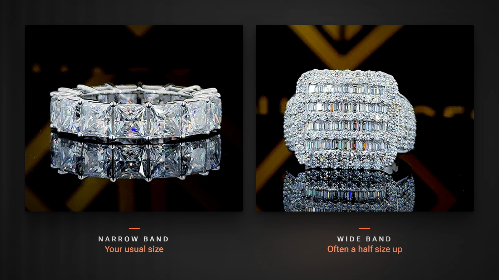 A narrow princess-cut eternity band next to a wide baguette and pavé ring
