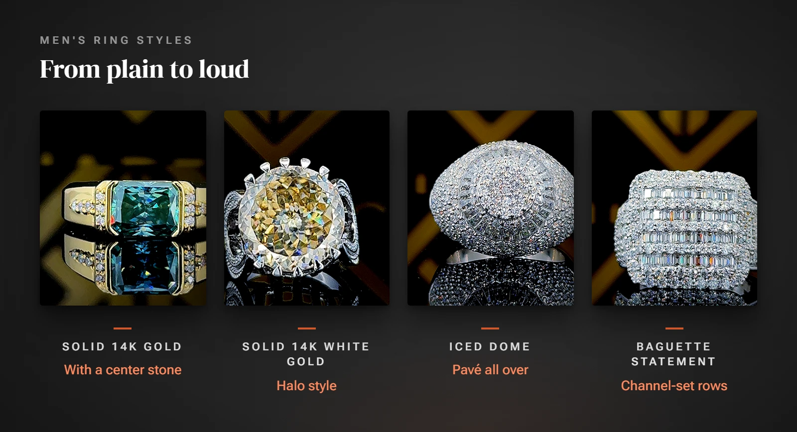Four KSquare Gems rings: a solid 14K gold ring with a center stone, a solid 14K white gold halo ring, an iced dome ring and a baguette statement ring