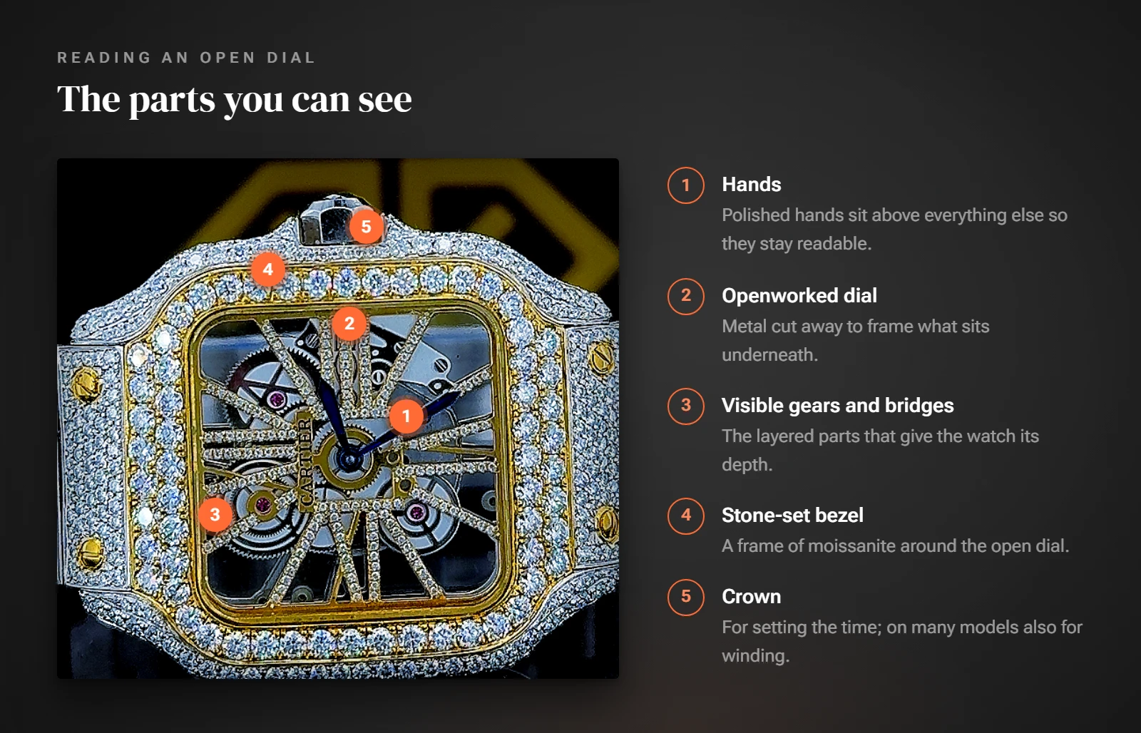 Square-case KSquare Gems skeleton watch with numbered markers for the hands, openworked dial, visible gears and bridges, stone-set bezel and crown