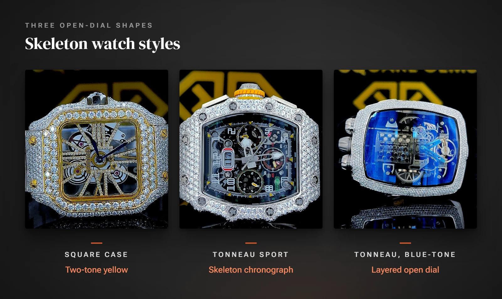 Three KSquare Gems skeleton watches side by side, labeled Square case in two-tone yellow, Tonneau sport skeleton chronograph, and Tonneau in blue-tone with a layered open dial